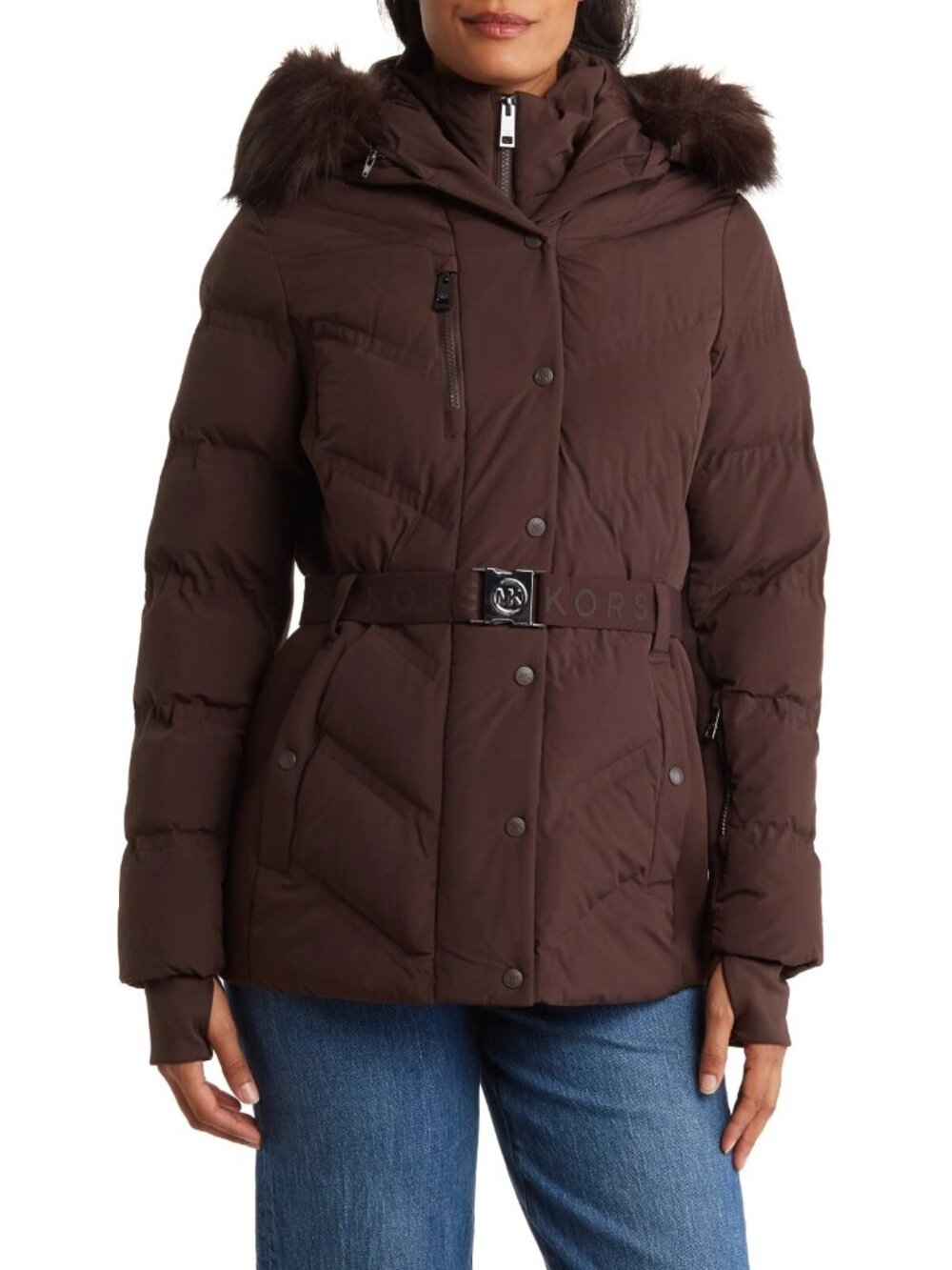 Michael Kors Women's Faux Fur Trim Hooded Quilted Puffer Jacket Chocolate Size M